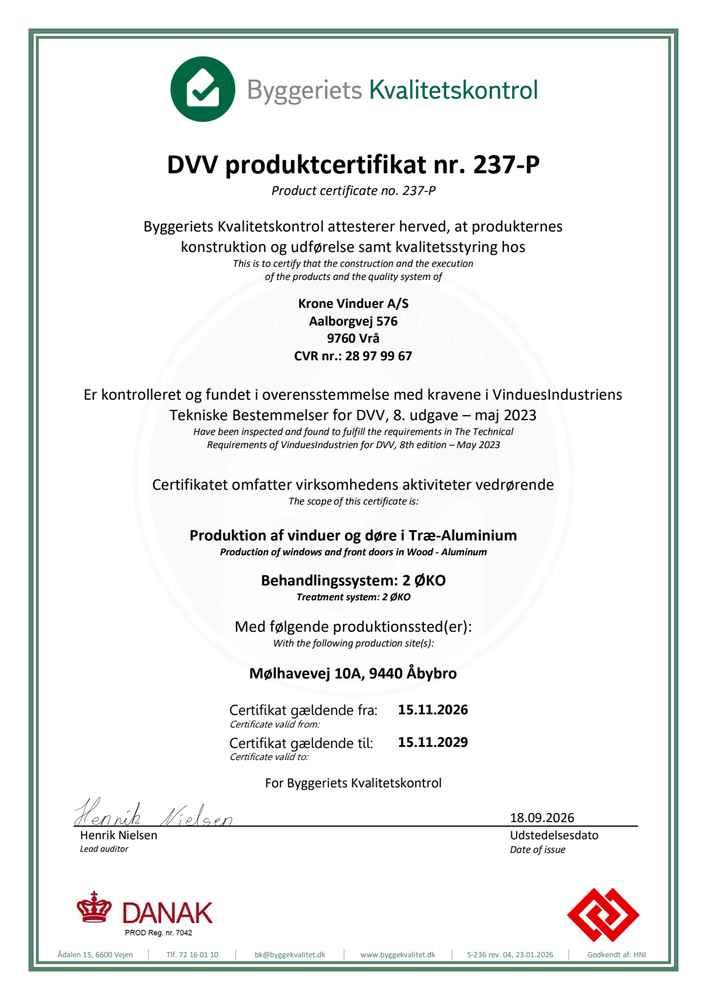 DVV produktcertifikat nr. 237-P 2026-2029